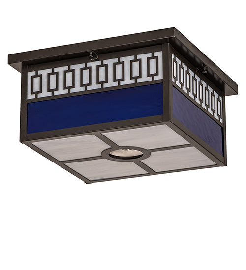 Meyda Lighting Kungsholm 256013 26" 5-Light Craftsman Brown Flush Mount Light With Dark Blue & White Art Shade Glass