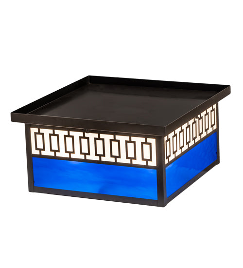 Meyda Lighting Kungsholm 256013 26" 5-Light Craftsman Brown Flush Mount Light With Dark Blue & White Art Shade Glass