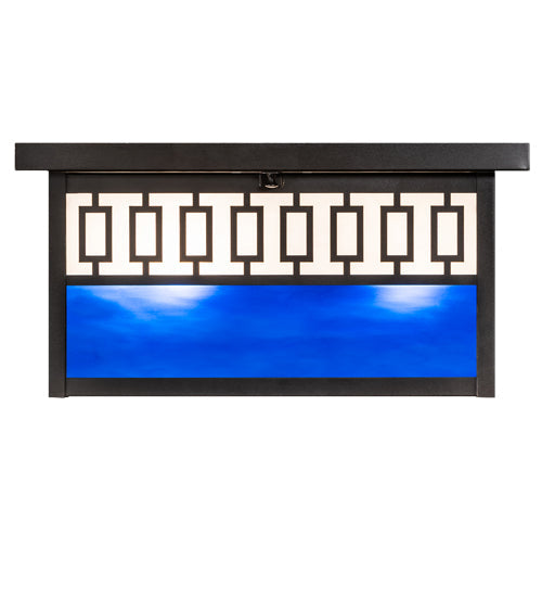 Meyda Lighting Kungsholm 256013 26" 5-Light Craftsman Brown Flush Mount Light With Dark Blue & White Art Shade Glass