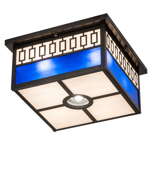 Meyda Lighting Kungsholm 256013 26" 5-Light Craftsman Brown Flush Mount Light With Dark Blue & White Art Shade Glass
