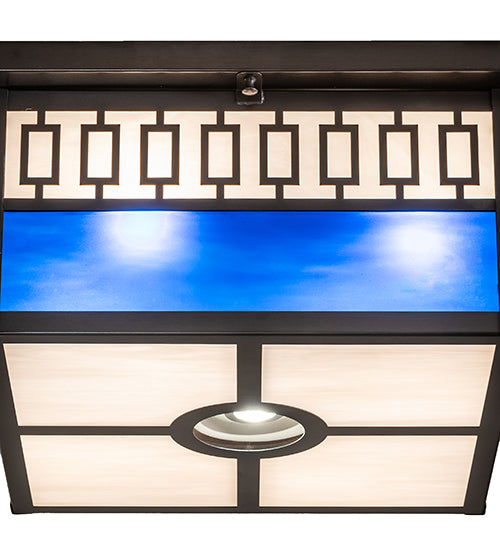 Meyda Lighting Kungsholm 256013 26" 5-Light Craftsman Brown Flush Mount Light With Dark Blue & White Art Shade Glass