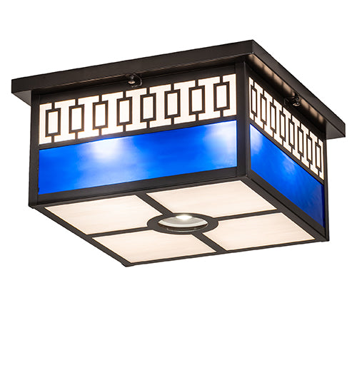 Meyda Lighting Kungsholm 256013 26" 5-Light Craftsman Brown Flush Mount Light With Dark Blue & White Art Shade Glass