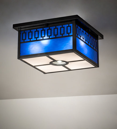 Meyda Lighting Kungsholm 26" 5-Light Craftsman Brown Flush Mount Light With Dark Blue & White Art Shade Glass