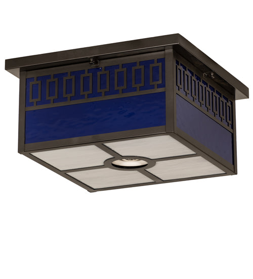 Meyda Lighting Kungsholm 26" 5-Light Craftsman Brown Flush Mount Light With Dark Blue & White Art Shade Glass