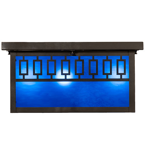 Meyda Lighting Kungsholm 26" 5-Light Craftsman Brown Flush Mount Light With Dark Blue & White Art Shade Glass