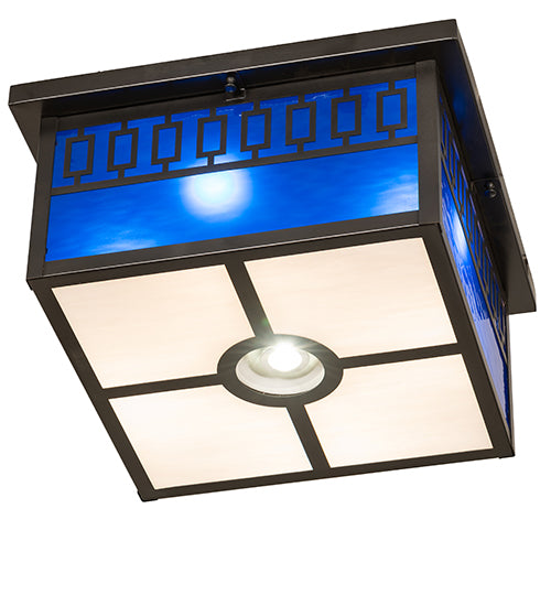 Meyda Lighting Kungsholm 26" 5-Light Craftsman Brown Flush Mount Light With Dark Blue & White Art Shade Glass