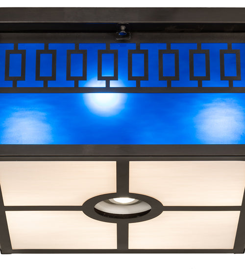 Meyda Lighting Kungsholm 26" 5-Light Craftsman Brown Flush Mount Light With Dark Blue & White Art Shade Glass