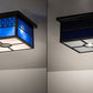 Meyda Lighting Kungsholm 26" 5-Light Craftsman Brown Flush Mount Light With Dark Blue & White Art Shade Glass
