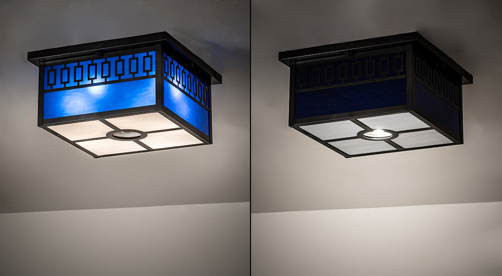 Meyda Lighting Kungsholm 26" 5-Light Craftsman Brown Flush Mount Light With Dark Blue & White Art Shade Glass