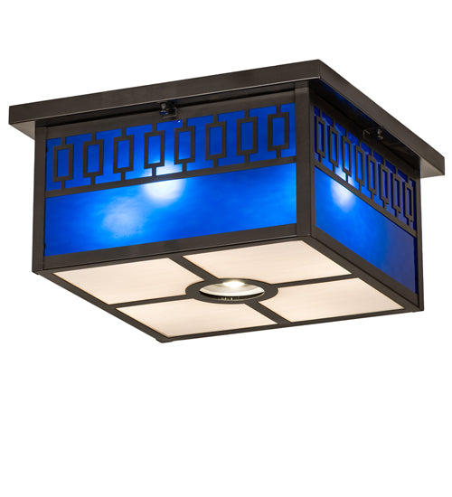 Meyda Lighting Kungsholm 26" 5-Light Craftsman Brown Flush Mount Light With Dark Blue & White Art Shade Glass