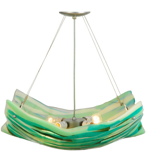 Meyda Lighting La Spiaggia 29" 4-Light Nickel Inverted Pendant Light With Green Fused Shade Glass