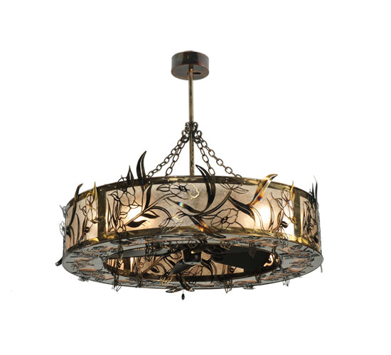 Meyda Lighting Lady Slipper 45" 8-Light Burnished Brass Tint Chandelier With Silver Mica Shade Glass and Oil Bronze Fan