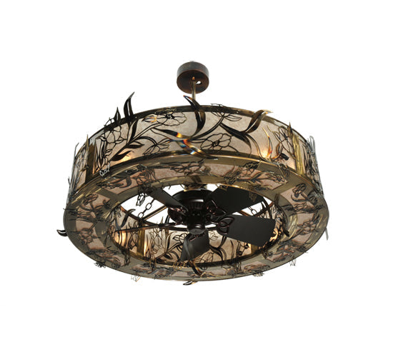 Meyda Lighting Lady Slipper 45" 8-Light Burnished Brass Tint Chandelier With Silver Mica Shade Glass and Oil Bronze Fan