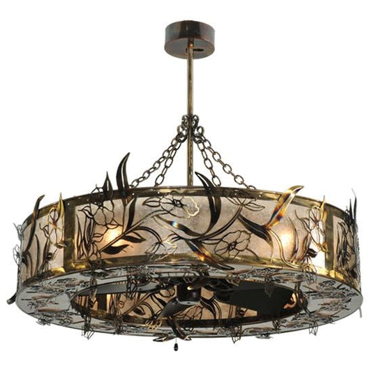 Meyda Lighting Lady Slipper 45" 8-Light Burnished Brass Tint Chandelier With Silver Mica Shade Glass and Oil Bronze Fan