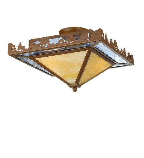 Meyda Lighting Lake 16"Sq 2-Light Rust Flush Mount Light With Light Blue & Beige Art Shade Glass