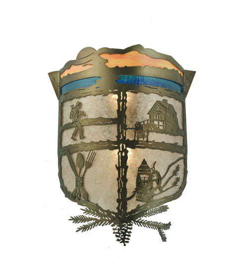 Meyda Lighting Lake Clear Lodge 15" 2-Light Antique Copper Wall Sconce With Silver Mica Orange & Blue Shade Glass