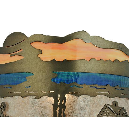Meyda Lighting Lake Clear Lodge 15" 2-Light Antique Copper Wall Sconce With Silver Mica Orange & Blue Shade Glass