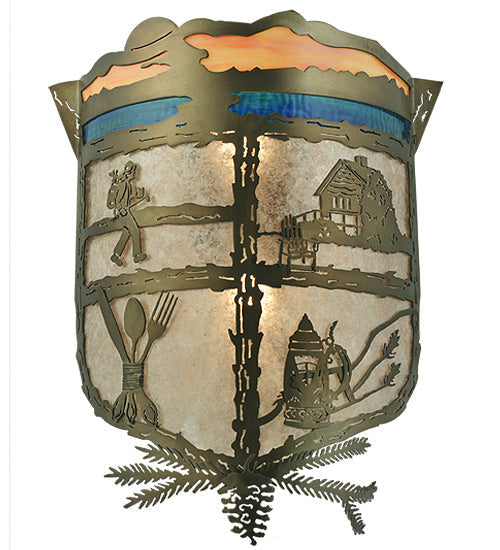 Meyda Lighting Lake Clear Lodge 15" 2-Light Antique Copper Wall Sconce With Silver Mica Orange & Blue Shade Glass