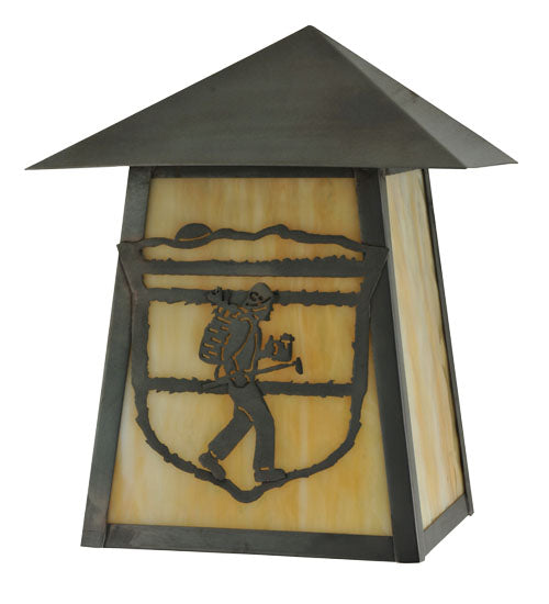 Meyda Lighting Lake Clear Lodge 9" Craftsman Brown Hiker Wall Sconce With Beige Art Shade Glass