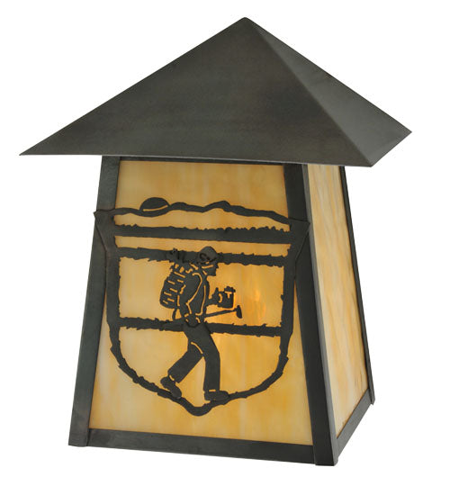 Meyda Lighting Lake Clear Lodge 9" Craftsman Brown Hiker Wall Sconce With Beige Art Shade Glass