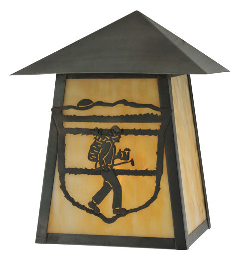Meyda Lighting Lake Clear Lodge 9" Craftsman Brown Hiker Wall Sconce With Beige Art Shade Glass