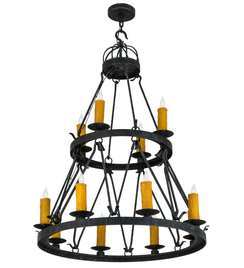Meyda Lighting Lakeshore 36" 12-Light 2-Tier Antique Iron Gate Chandelier With Amber Faux Candlelight