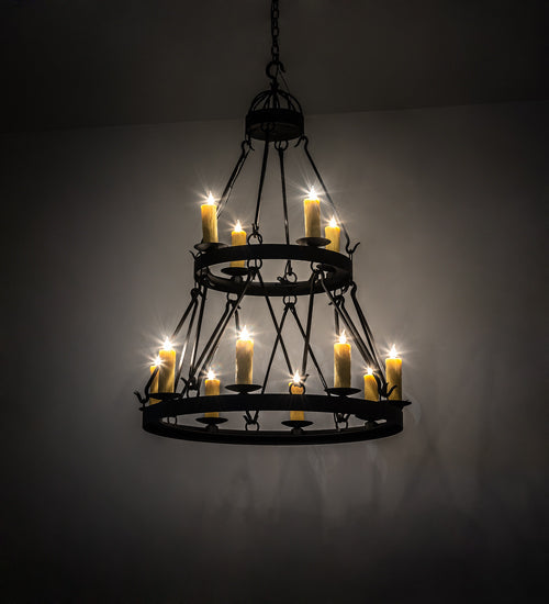 Meyda Lighting Lakeshore 36" 12-Light 2-Tier Old Wrought Iron Ceiling Chandelier With Ivory Faux Candlelight