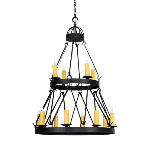 Meyda Lighting Lakeshore 36" 12-Light 2-Tier Old Wrought Iron Ceiling Chandelier With Ivory Faux Candlelight