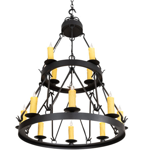 Meyda Lighting Lakeshore 36" 12-Light 2-Tier Old Wrought Iron Ceiling Chandelier With Ivory Faux Candlelight