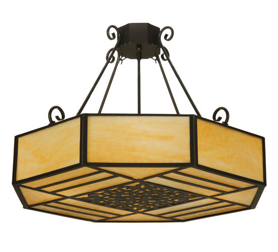 Meyda Lighting Lakeside 32"W x 25"H 4-Light Timeless Bronze Octagon Semi-flush Mount Ceiling Light With Beige Shade Glass