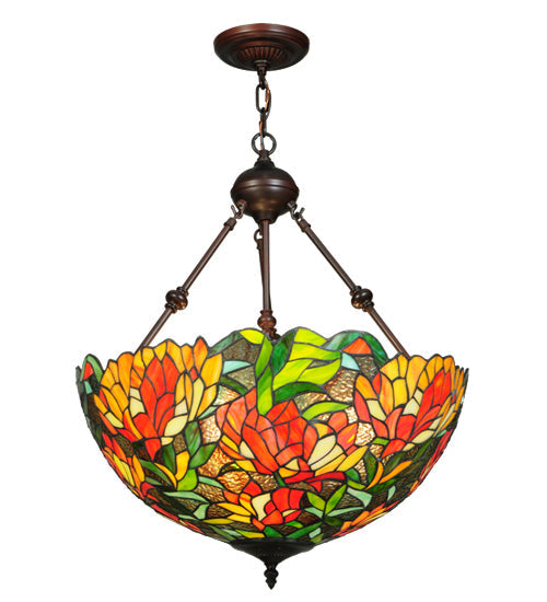 Meyda Lighting Lamella 20" 3-Light Mahogany Bronze Inverted Pendant Light With Multi-Colored Shade Glass