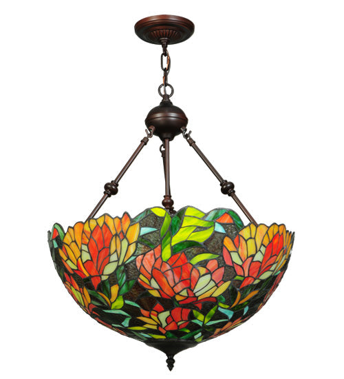 Meyda Lighting Lamella 20" 3-Light Mahogany Bronze Inverted Pendant Light With Multi-Colored Shade Glass