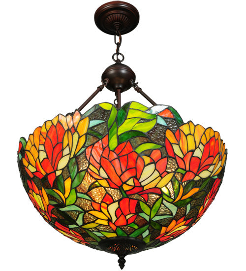 Meyda Lighting Lamella 20" 3-Light Mahogany Bronze Inverted Pendant Light With Multi-Colored Shade Glass