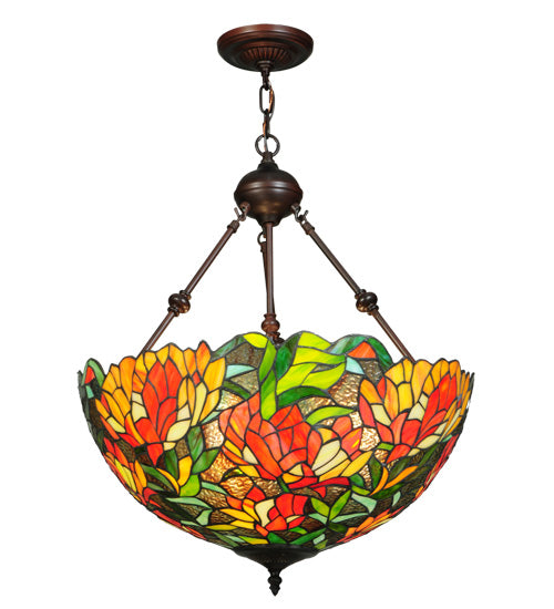 Meyda Lighting Lamella 20" 3-Light Mahogany Bronze Inverted Pendant Light With Multi-Colored Shade Glass