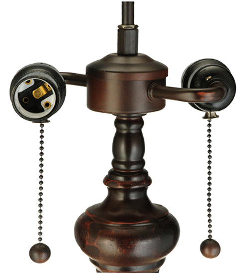 Meyda Lighting Lamella 25" 2-Light Mahogany Bronze Table Lamp With Green and Coral Shade Glass