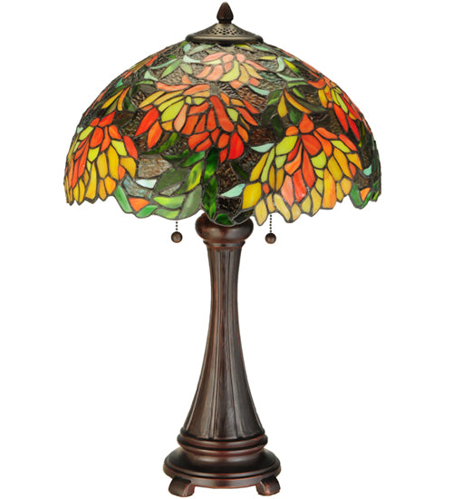 Meyda Lighting Lamella 25" 2-Light Mahogany Bronze Table Lamp With Green and Coral Shade Glass