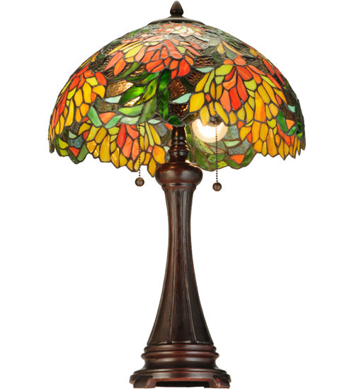 Meyda Lighting Lamella 25" 2-Light Mahogany Bronze Table Lamp With Green and Coral Shade Glass