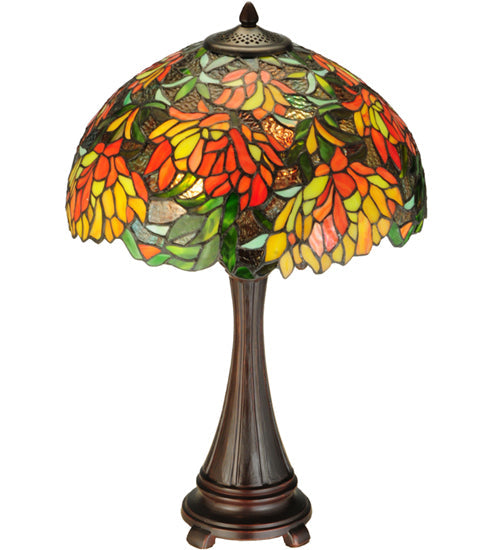 Meyda Lighting Lamella 25" 2-Light Mahogany Bronze Table Lamp With Green and Coral Shade Glass