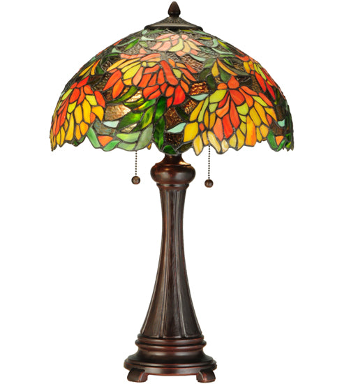 Meyda Lighting Lamella 25" 2-Light Mahogany Bronze Table Lamp With Green and Coral Shade Glass