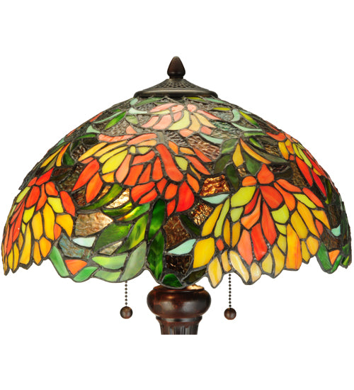 Meyda Lighting Lamella 25" 2-Light Mahogany Bronze Table Lamp With Green and Coral Shade Glass