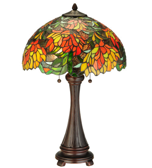 Meyda Lighting Lamella 25" 2-Light Mahogany Bronze Table Lamp With Green and Coral Shade Glass