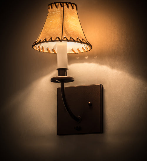 Meyda Lighting Laredo 6" Mahogany Bronze Wall Sconce With Brown Faux Leather Shade