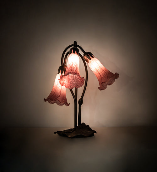 Meyda Lighting Lavender Pond Lily 16" 3-Light Mahogany Bronze Accent Table Lamp With Cranberry Shade Glass