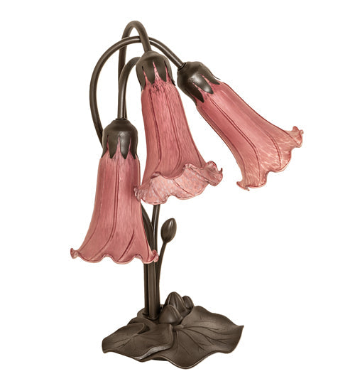 Meyda Lighting Lavender Pond Lily 16" 3-Light Mahogany Bronze Accent Table Lamp With Cranberry Shade Glass