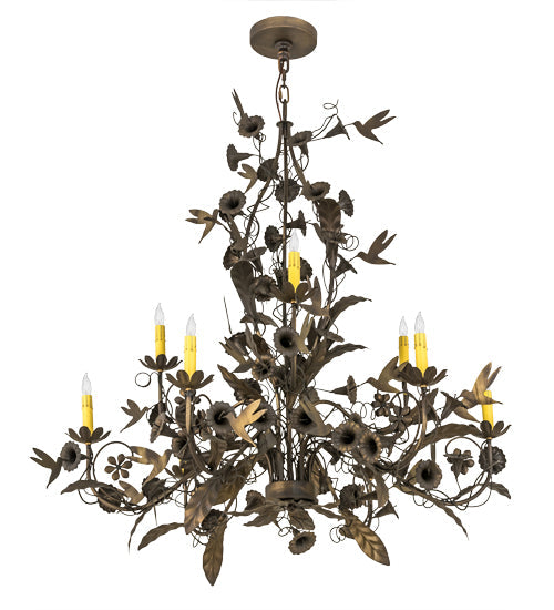Meyda Lighting Le Printemps 36" 9-Light Antique Brass Matte Chandelier With Ivory Faux Candlelight