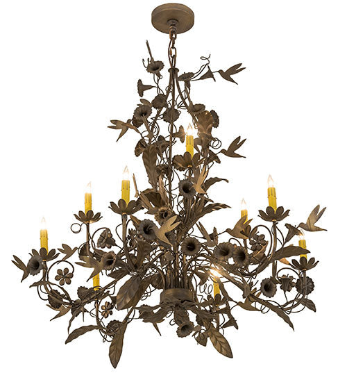 Meyda Lighting Le Printemps 36" 9-Light Antique Brass Matte Chandelier With Ivory Faux Candlelight