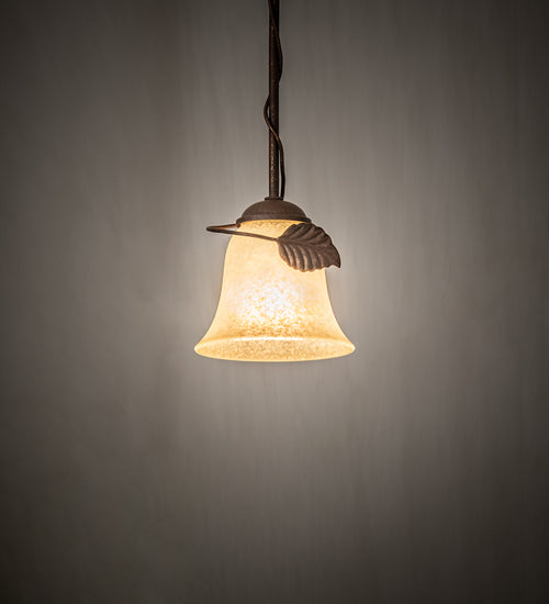 Meyda Lighting Leaf 6" Antique Rust Mini Pendant Light With Beige Bell Shade Glass
