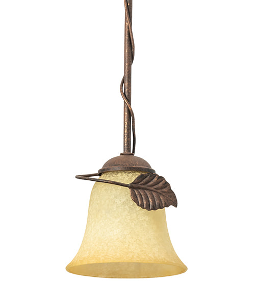 Meyda Lighting Leaf 6" Antique Rust Mini Pendant Light With Beige Bell Shade Glass
