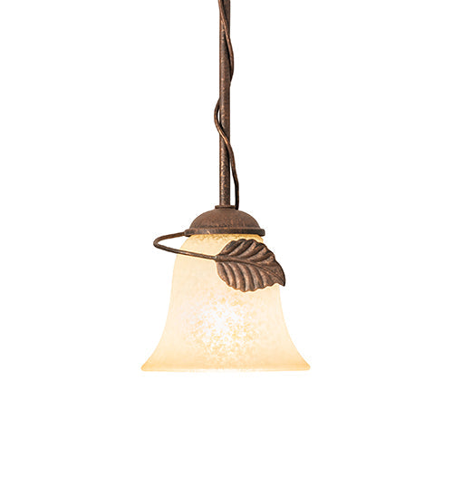 Meyda Lighting Leaf 6" Antique Rust Mini Pendant Light With Beige Bell Shade Glass