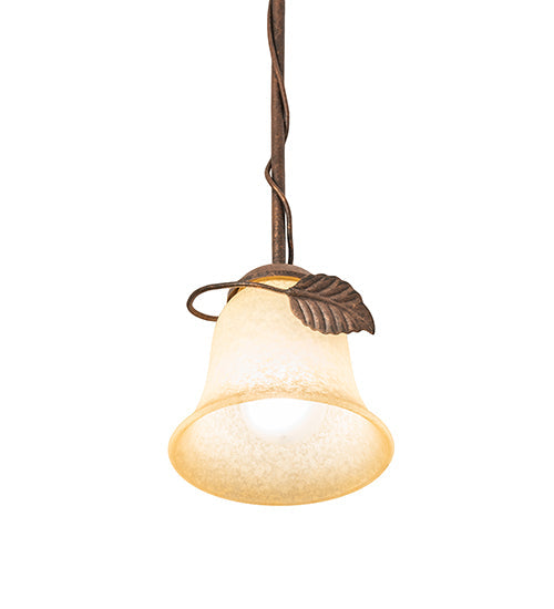 Meyda Lighting Leaf 6" Antique Rust Mini Pendant Light With Beige Bell Shade Glass